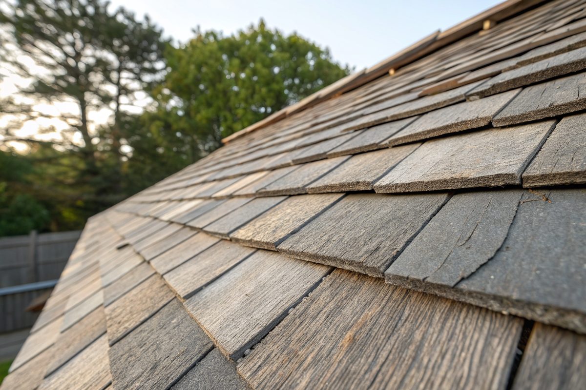 Close view of thick, layered architectural shingles in a weathered-wood color