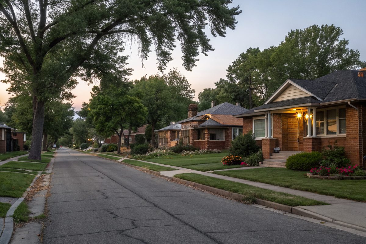 A quiet street of small brick bungalows with front porches under tall elm trees at dusk