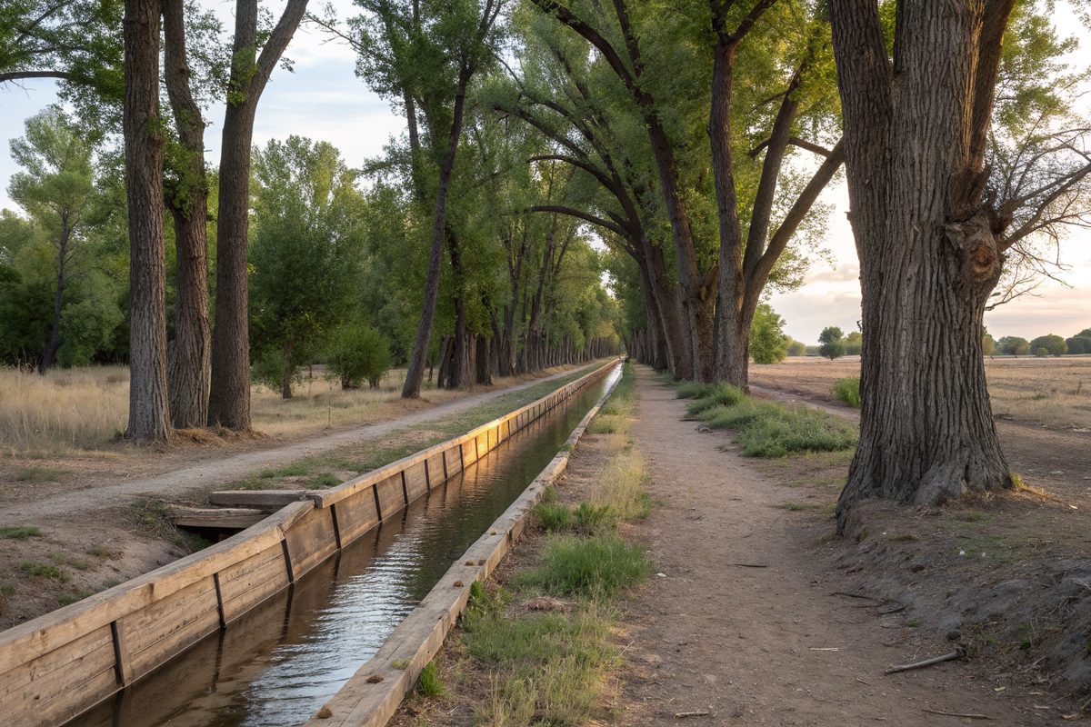 A dirt trail beside an old wood-lined irrigation canal under tall cottonwood trees