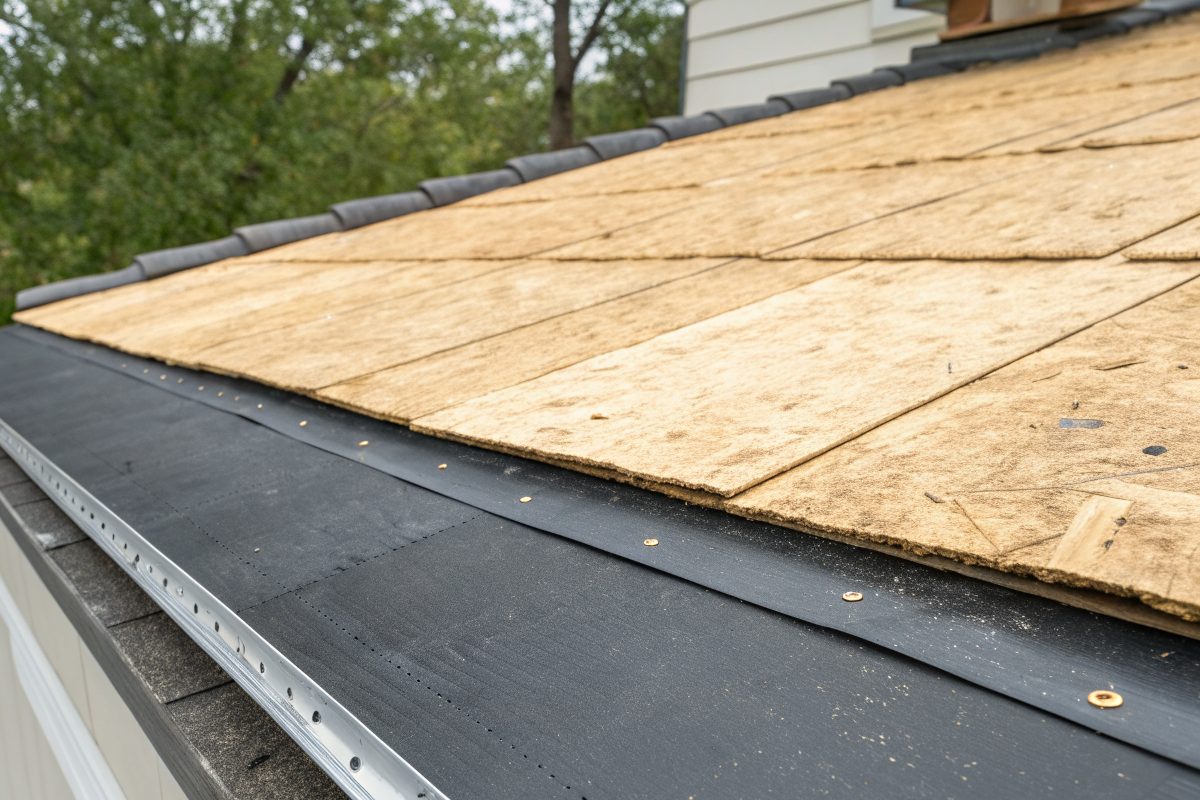 A black waterproof membrane strip and metal drip edge along a roof eave, with new plywood decking above