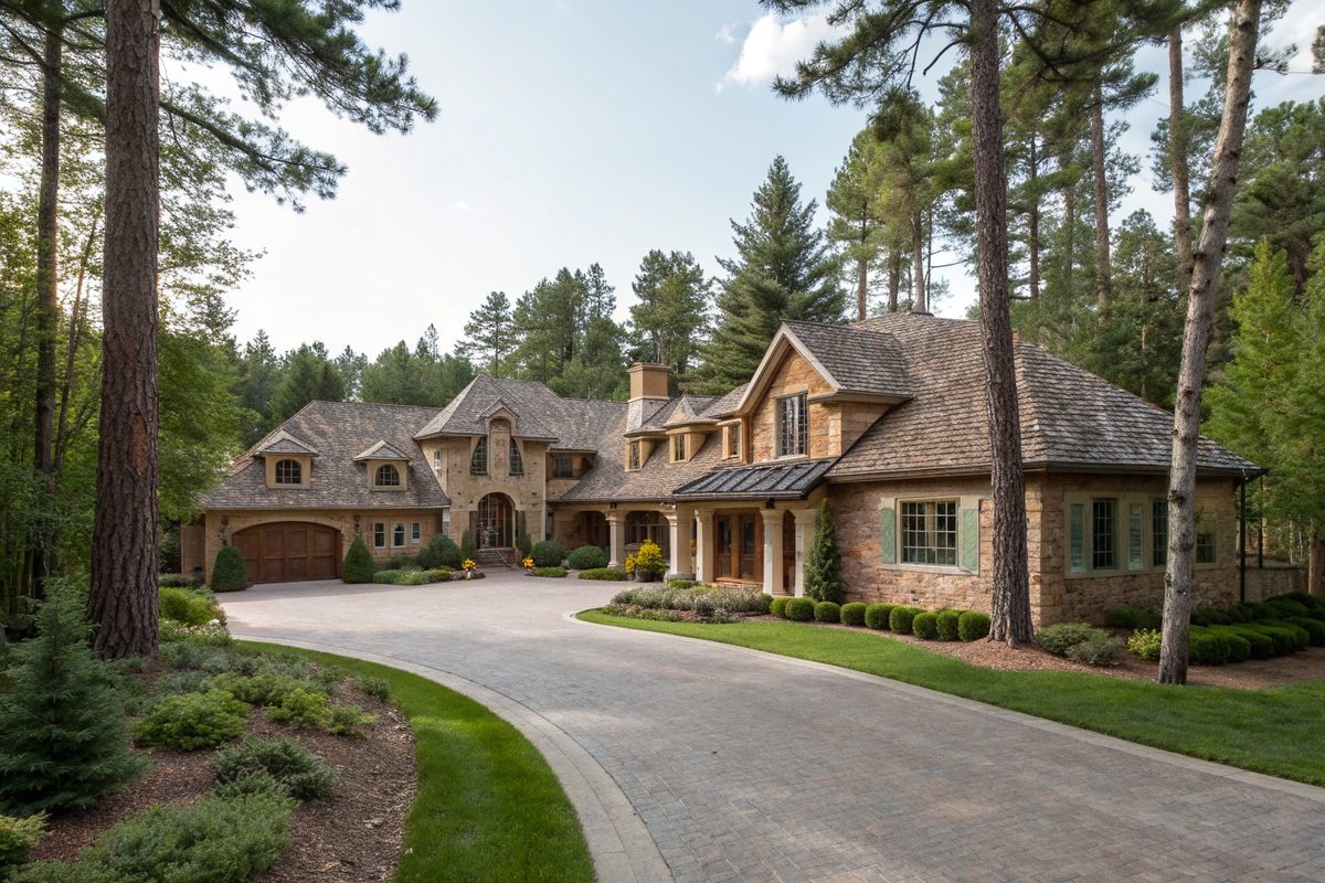 A large stone estate home with a cedar shake roof and many gables at the end of a curving driveway