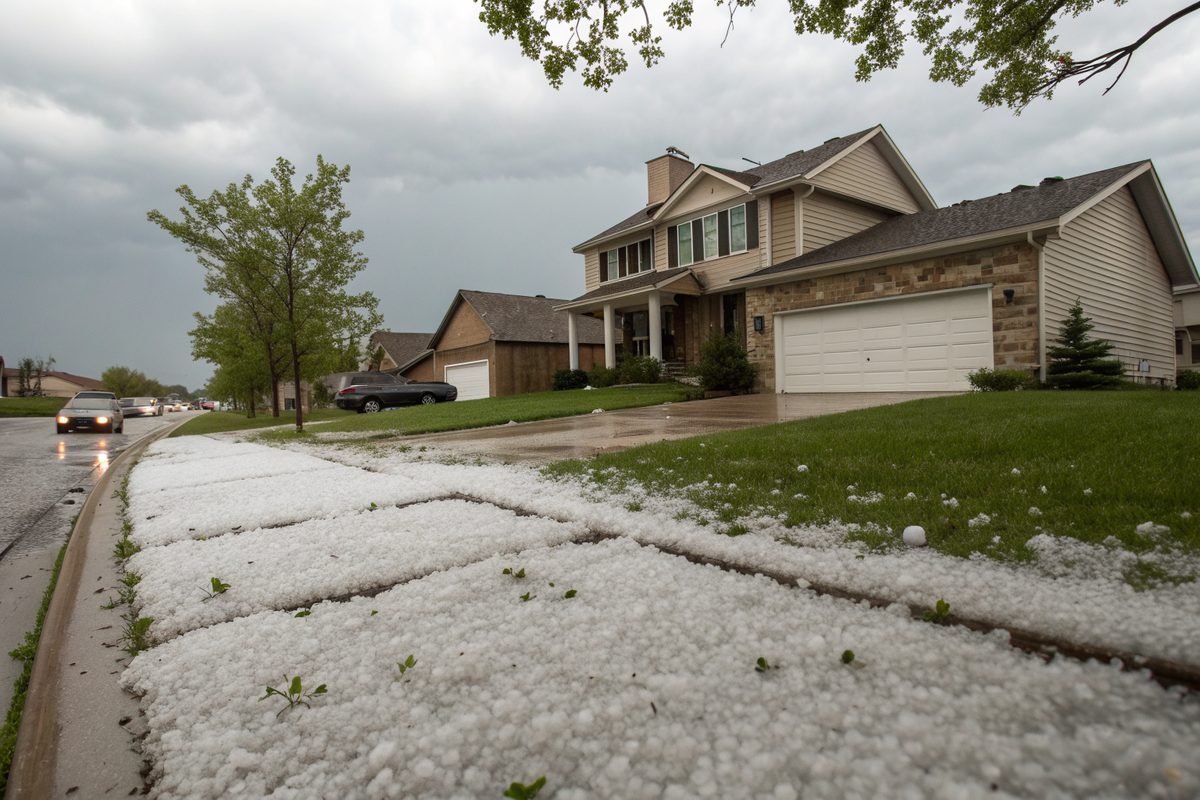 A lawn and sidewalk covered in hailstones in front of a two-story house after a storm