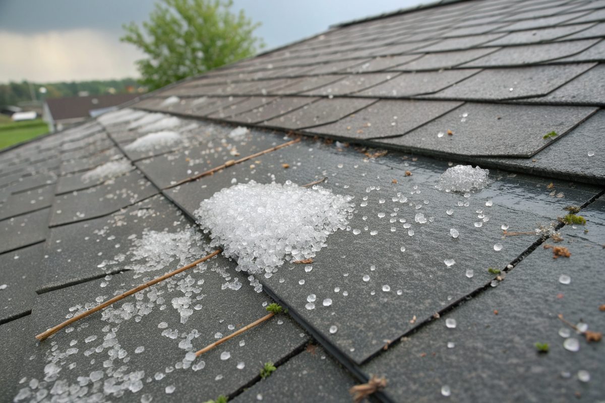 Hailstones piled on a wet gray shingle roof right after a summer storm