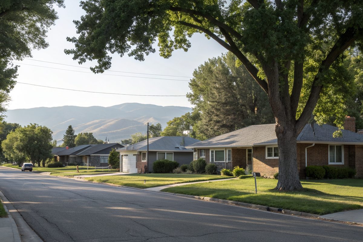 A quiet street of brick ranch houses with gray shingle roofs and big trees, with the foothills beyond