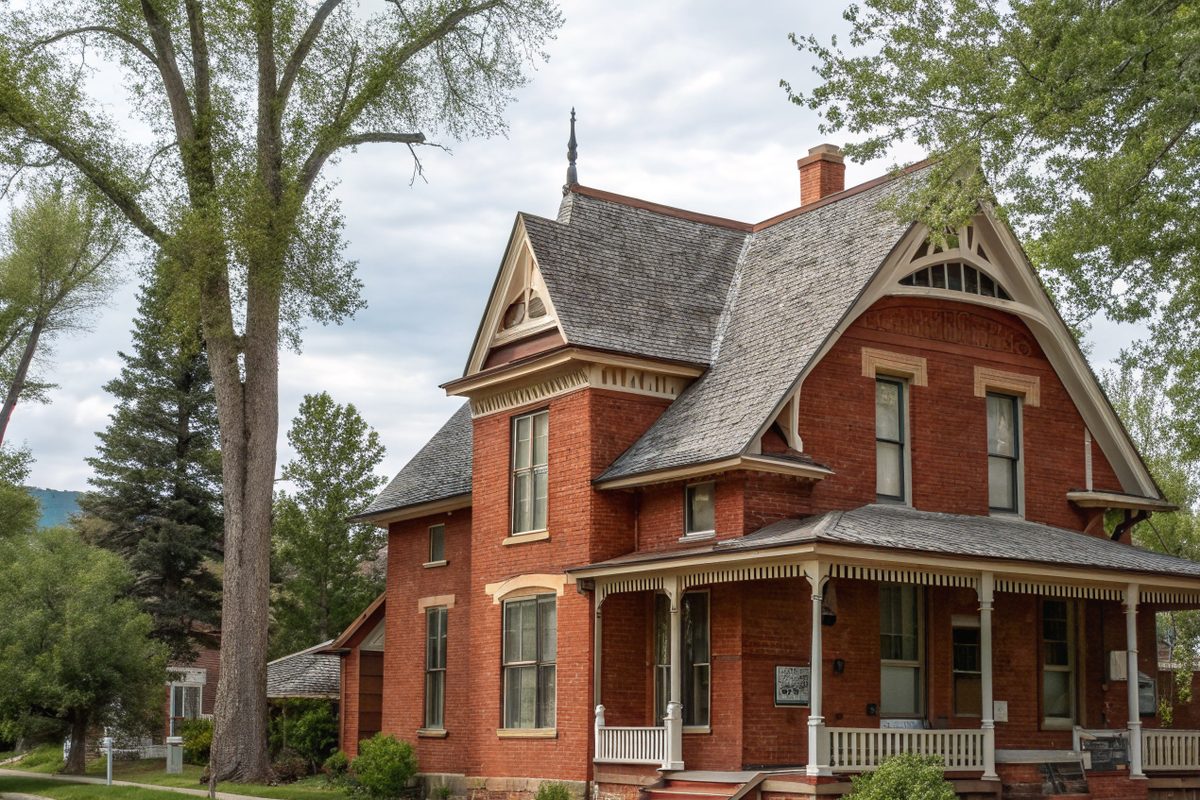 A restored red brick Victorian house with a steep gabled roof and a wraparound porch