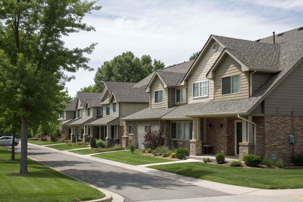 A row of matching two-story townhomes with gray shingle roofs along a curving street