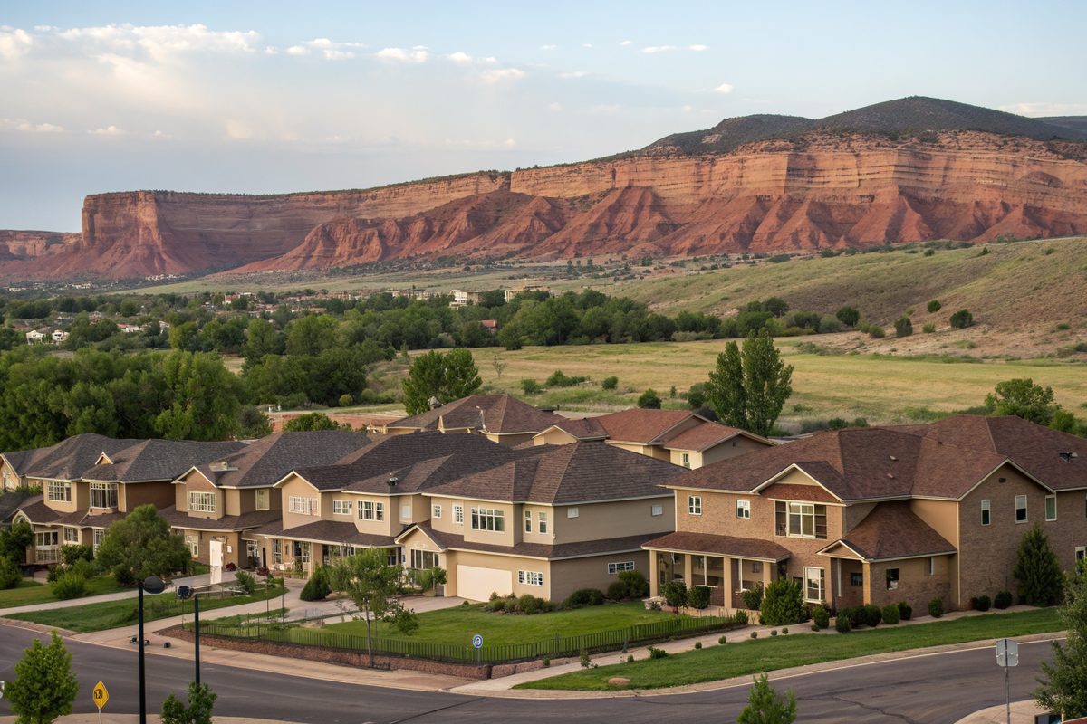 Two-story homes with brown roofs below a long red-rock ridge and open space