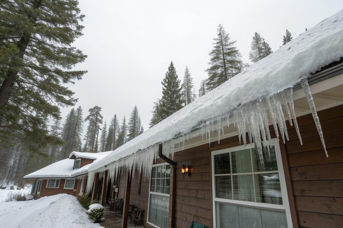 Heavy snow and long icicles hanging from the eave of a ranch house among pine trees