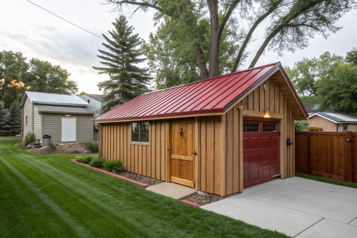 A wood-sided backyard garage with a red metal roof next to a suburban home