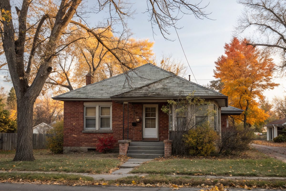A small brick bungalow with a worn gray hip roof under autumn trees