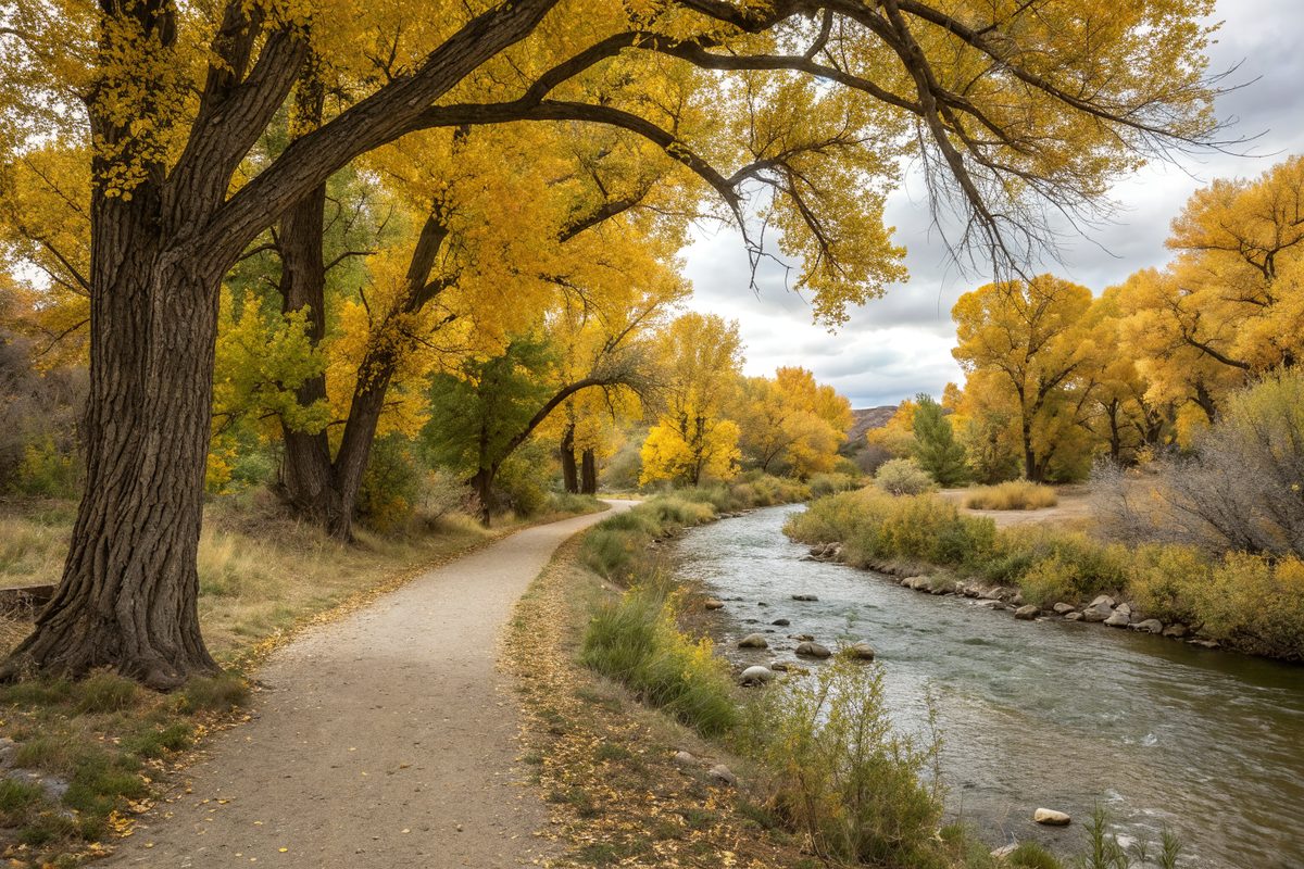 A trail beside a shallow river lined with golden cottonwood trees in autumn