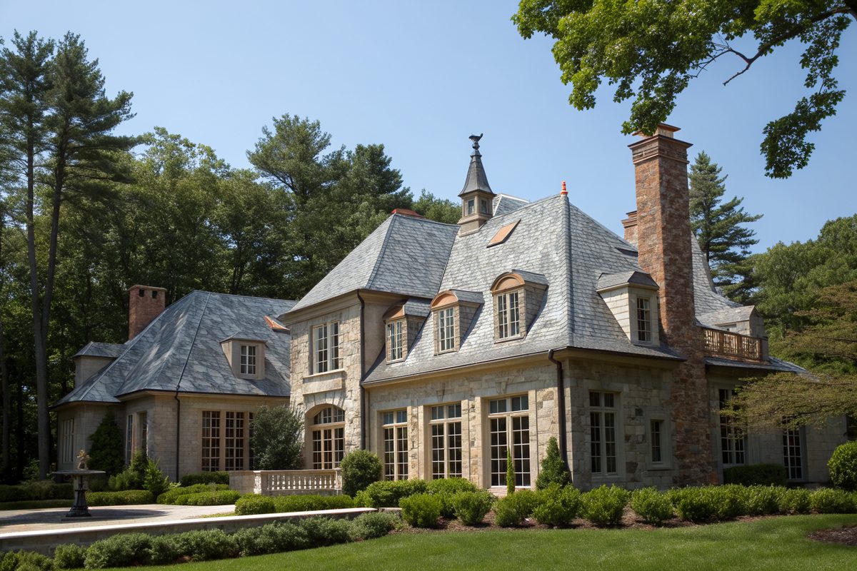 A large stone home with a gray slate roof, dormers and tall brick chimneys