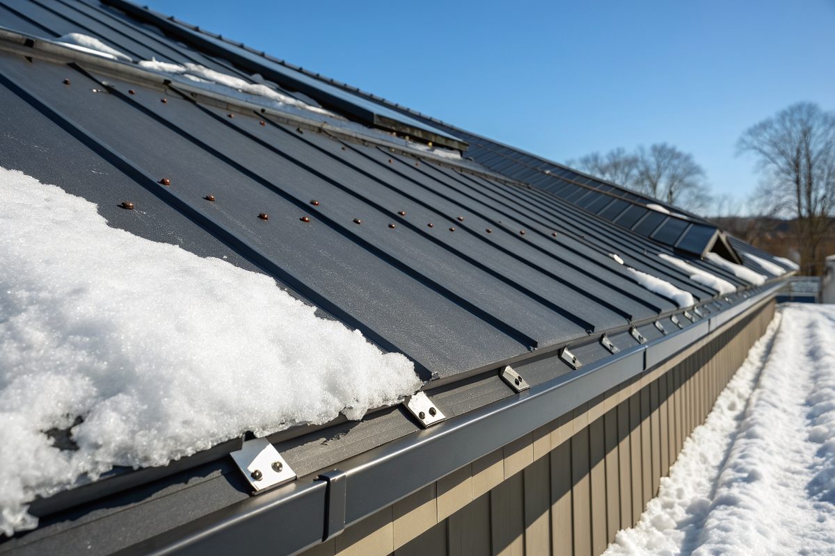 Rows of snow guards on a dark standing-seam metal roof with snow on it
