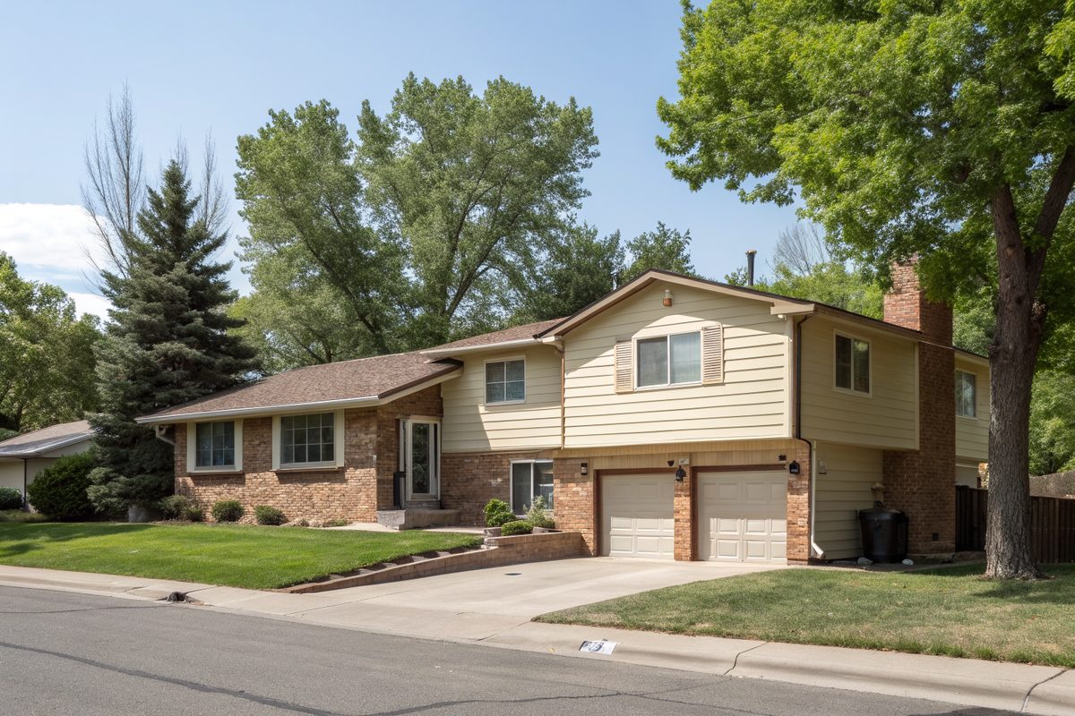 A split-level house with brick and tan siding and a brown shingle roof on a tree-lined street