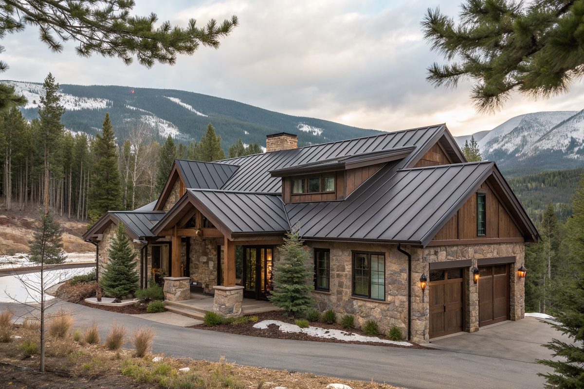 A stone and wood home with a dark bronze standing-seam metal roof, with snowy mountains behind