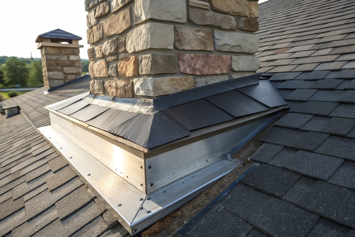 New metal flashing where a dark shingle roof meets a stone chimney