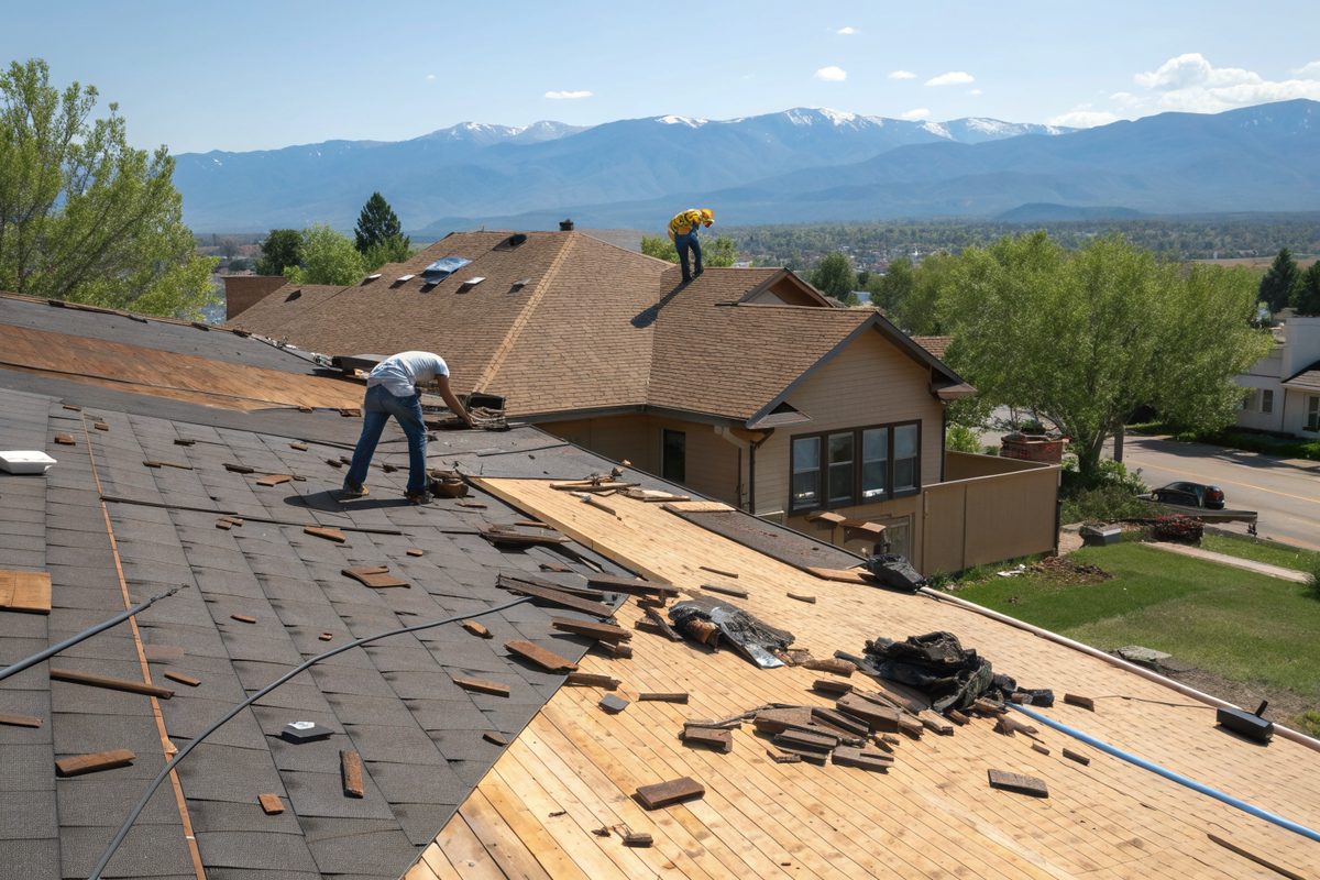A roof stripped to its plywood deck during a tear-off, with mountains on the horizon