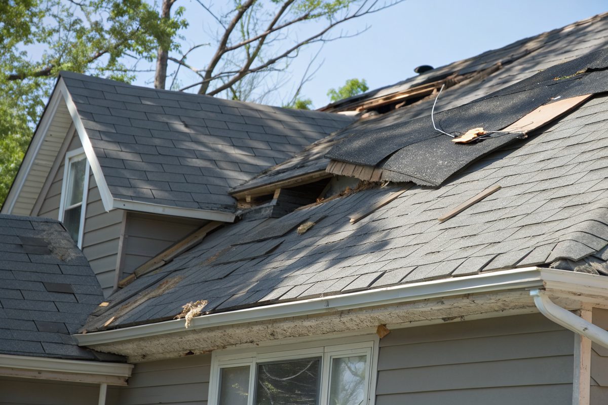Wind-torn and lifted shingles near the ridge of a two-story house